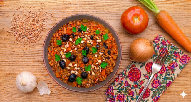 Mijoté de petit épeautre aux amandes et olives